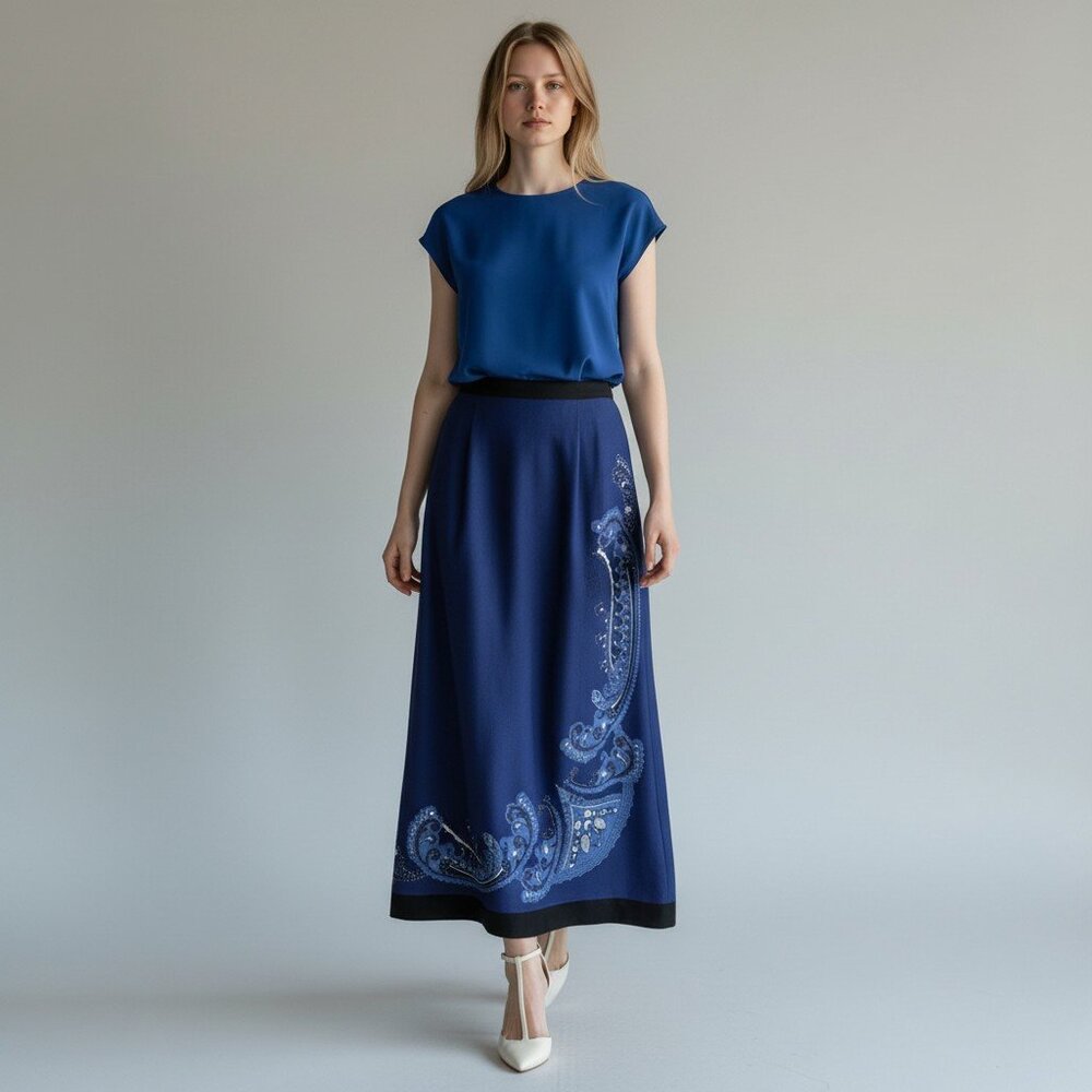 Field Manor Silk‎ Skirt 10 Blue Midi Classic Office Side Slit Paisley